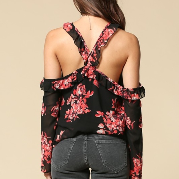NWT Crossed Choker Cold Shoulder Ruffle Floral Top - Picture 5 of 5